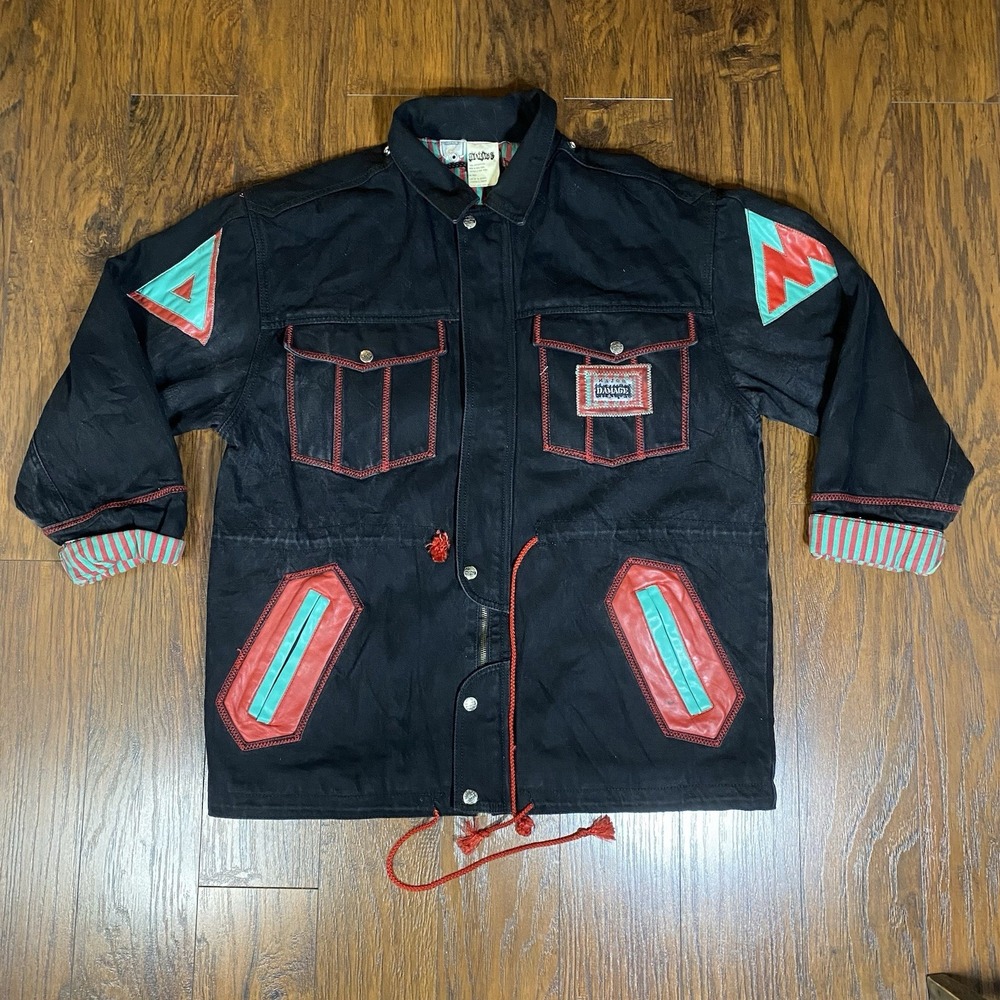Vintage Major Damage Black Denim Jacket 90s Hip Hop Red Teal XL Streetwear